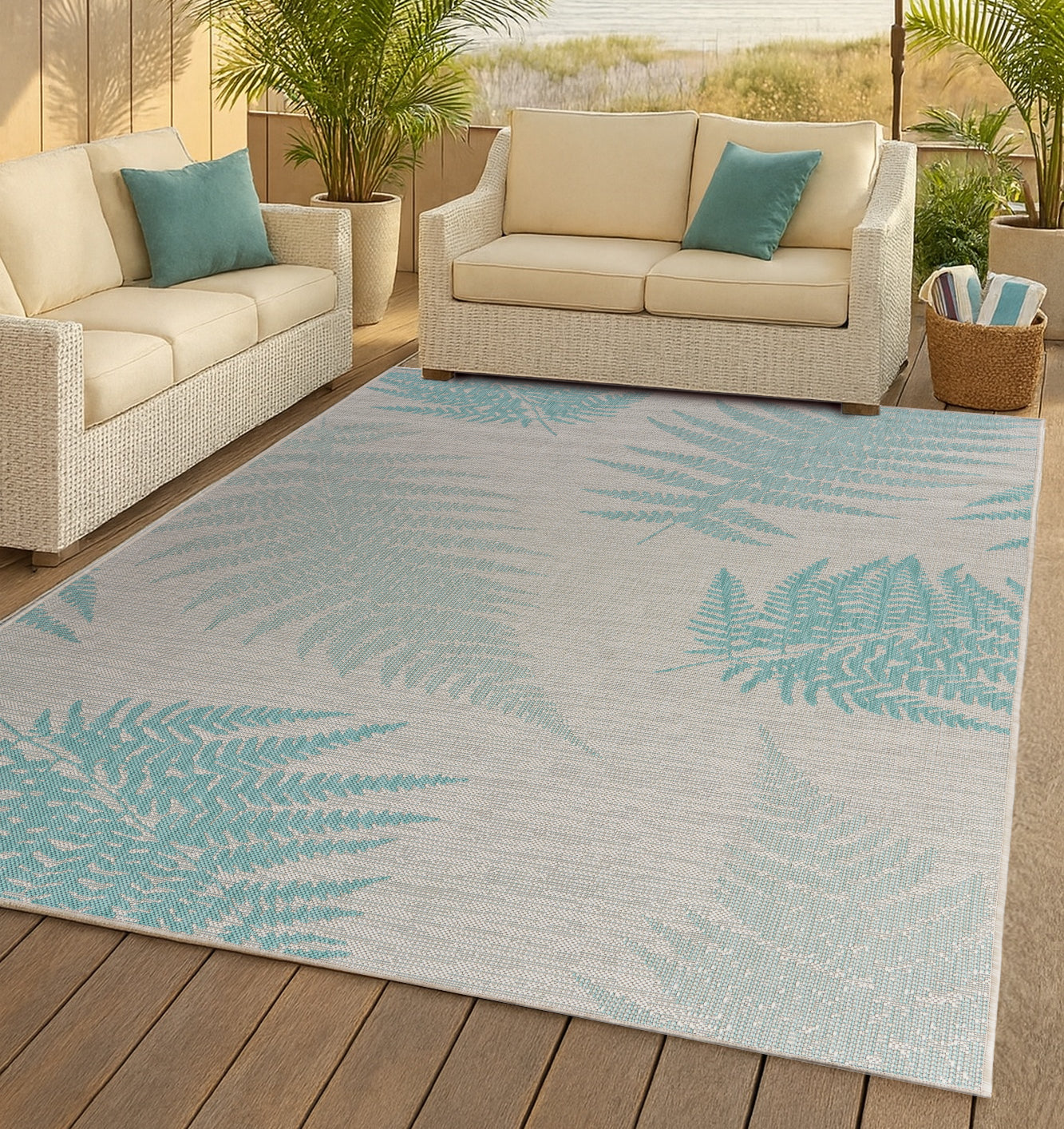 Sanibel-81649 Tropical Power-Loomed Teal/Cream Polypropylene Indoor/Outdoor Area Rug - LR Home