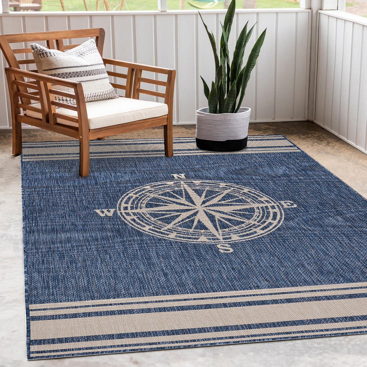 Seaside-81871 Nautical Power-Loomed Navy/White Polypropylene Indoor/Outdoor Area Rug - LR Home