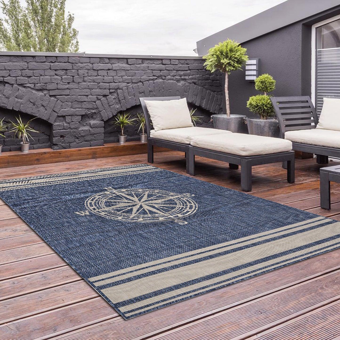 Seaside-81871 Nautical Power-Loomed Navy/White Polypropylene Indoor/Outdoor Area Rug - LR Home