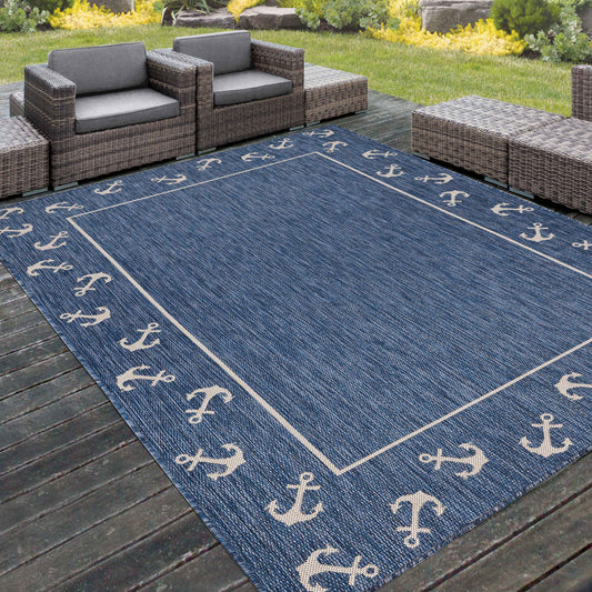 Seaside-81872 Nautical Power-Loomed Navy/White Polypropylene Indoor/Outdoor Area Rug - LR Home