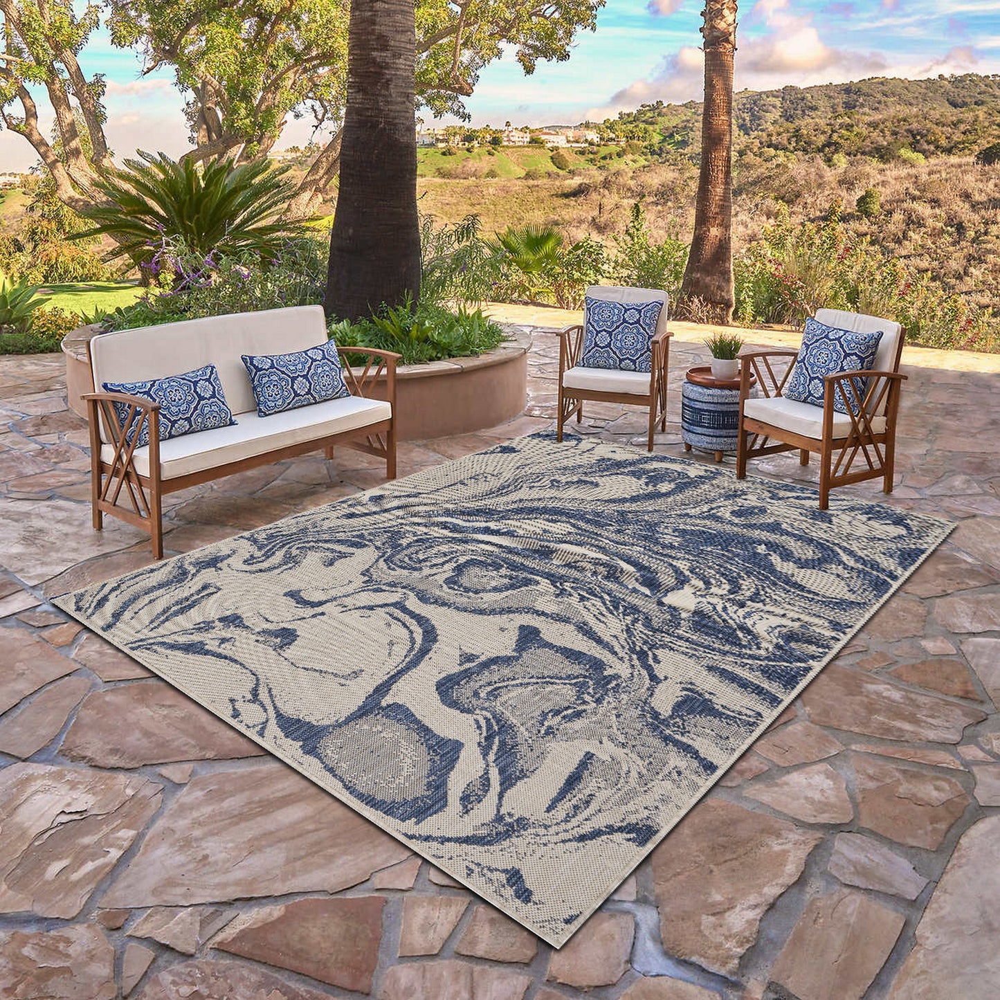 Seaside-81874 Nautical Power-Loomed White/Navy Polypropylene Indoor/Outdoor Area Rug - LR Home