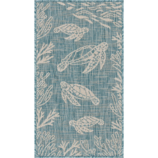 SEADE-81879 Tropical Machine Made Aqua/White Poly Blend Indoor/Outdoor Area Rugs - LR Home