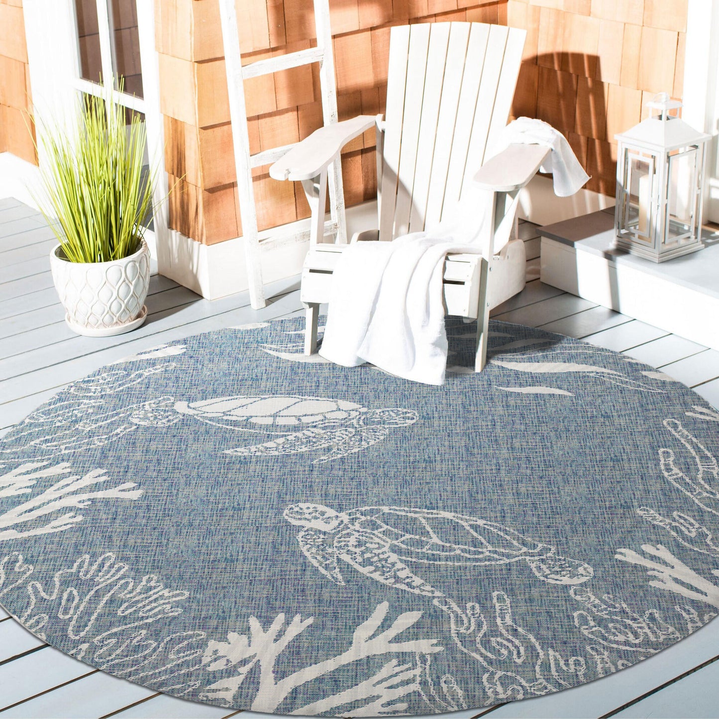 Seaside-81879 Nautical Power-Loomed Aqua/White Polypropylene Indoor/Outdoor Area Rug - LR Home