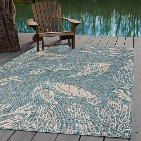 Seaside-81879 Nautical Power-Loomed Aqua/White Polypropylene Indoor/Outdoor Area Rug - LR Home