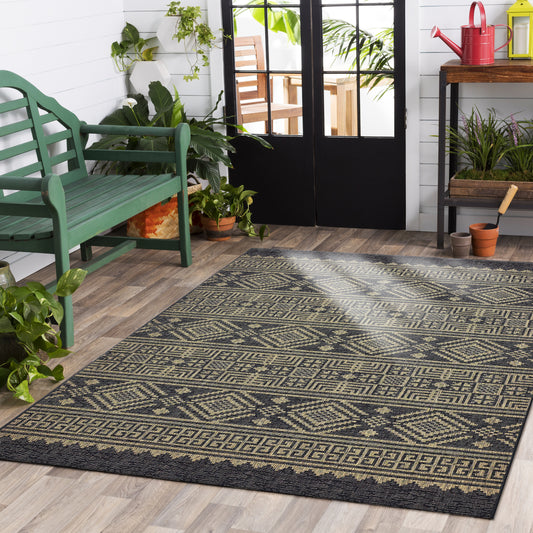 Sunshower-81241 Southwestern Power-Loomed Black/Brown Polypropylene Indoor/Outdoor Area Rug - LR Home