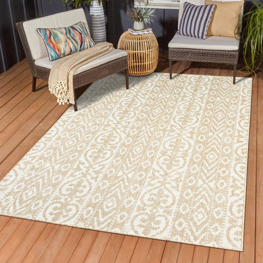 Sunshower-82601 Transitional Power-Loomed Beige/Ivory Polypropylene Indoor/Outdoor Area Rug - LR Home