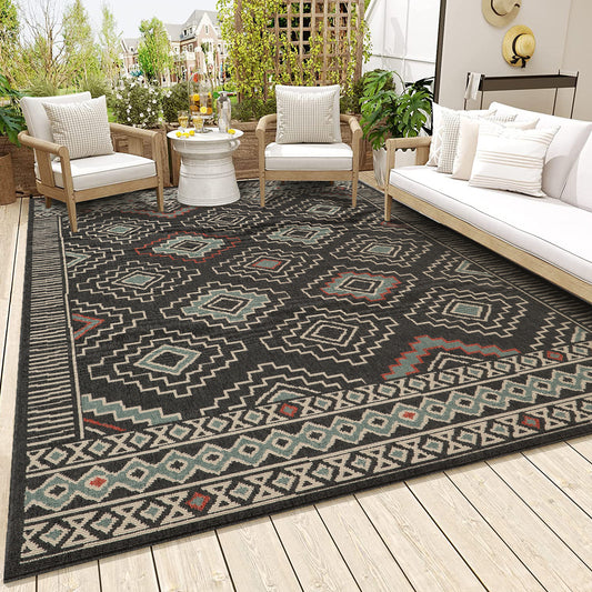 Tribu-82492 Bohemian/Eclectic Power-Loomed Black/Multi Polypropylene Indoor/Outdoor Area Rug - LR Home