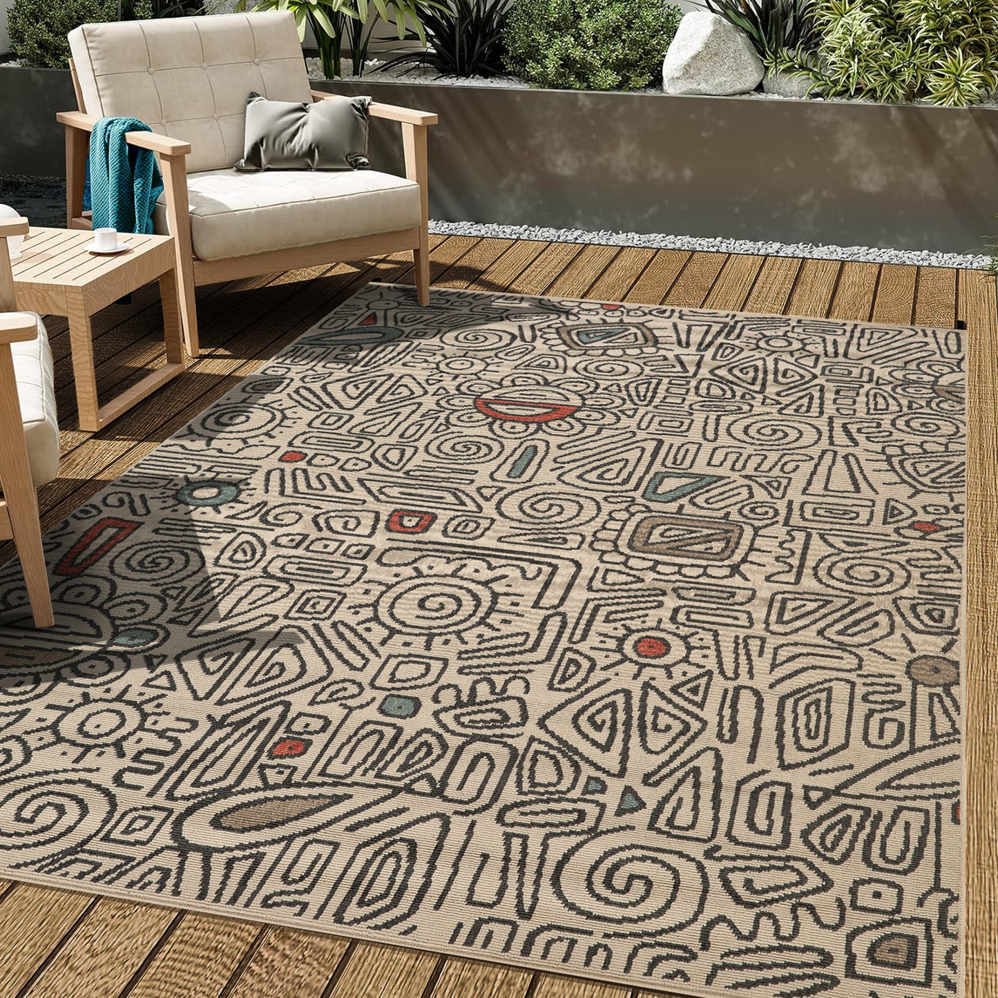 Tribu-82494 Bohemian/Eclectic Power-Loomed Beige/Multi Polypropylene Indoor/Outdoor Area Rug - LR Home