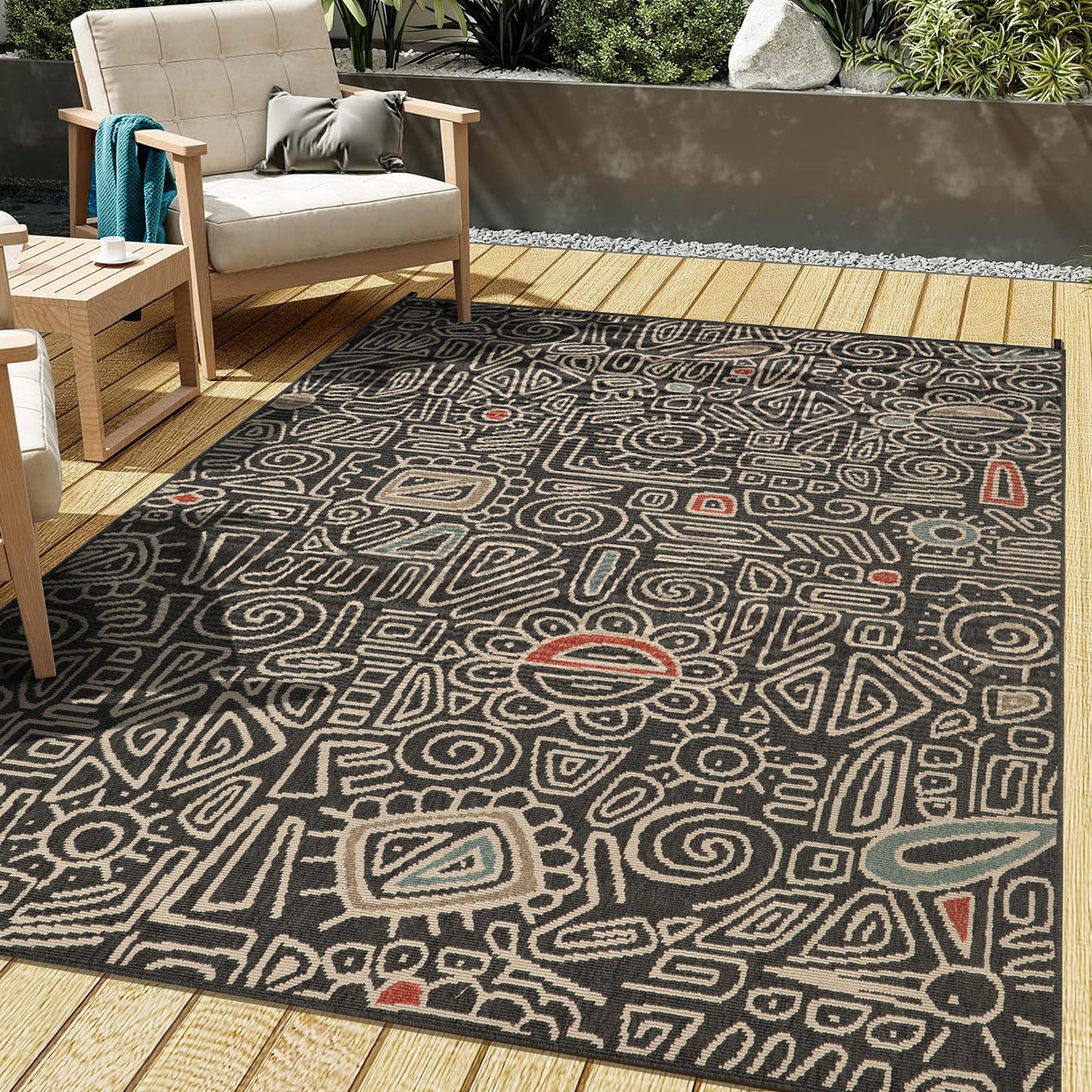 Tribu-82495 Bohemian/Eclectic Power-Loomed Black/Multi Polypropylene Indoor/Outdoor Area Rug - LR Home