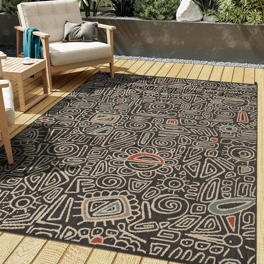 Tribu-82495 Bohemian/Eclectic Power-Loomed Black/Multi Polypropylene Indoor/Outdoor Area Rug - LR Home