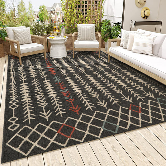 Tribu-82496 Bohemian/Eclectic Power-Loomed Black/Multi Polypropylene Indoor/Outdoor Area Rug - LR Home