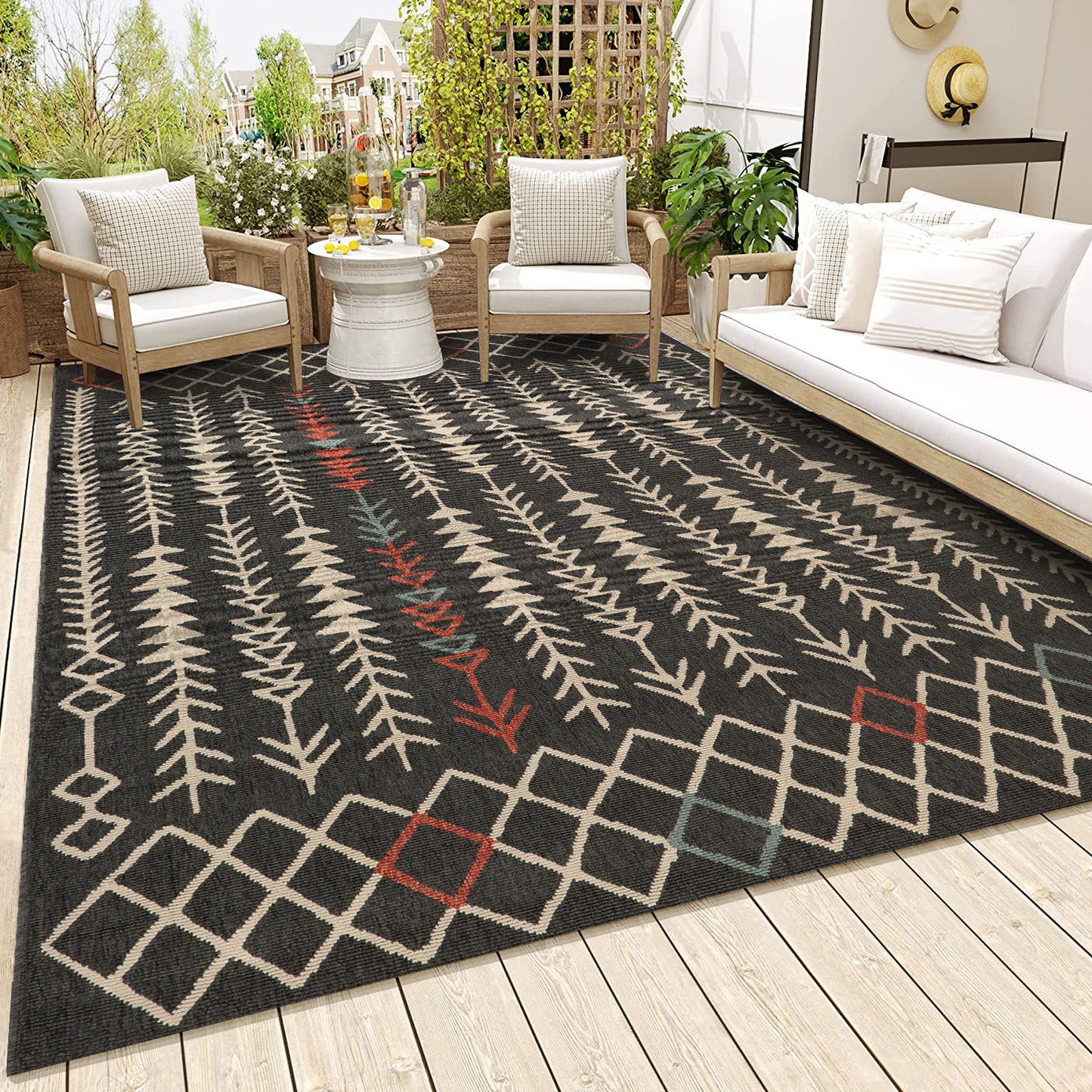 TRIBU-82496 Southwestern Machine Made Black/Ivory Polypropylene Indoor/Outdoor Area Rugs - LR Home