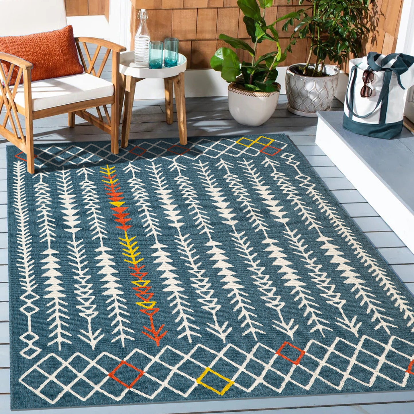 TRIBU-82496 Southwestern Machine Made Ivory/Navy Polypropylene Indoor/Outdoor Area Rugs - LR Home