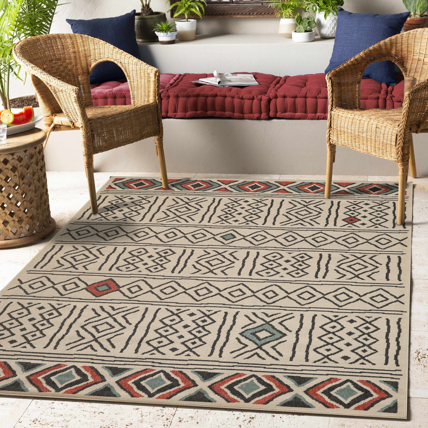 Tribu-82498 Bohemian/Eclectic Power-Loomed Beige/Multi Polypropylene Indoor/Outdoor Area Rug - LR Home