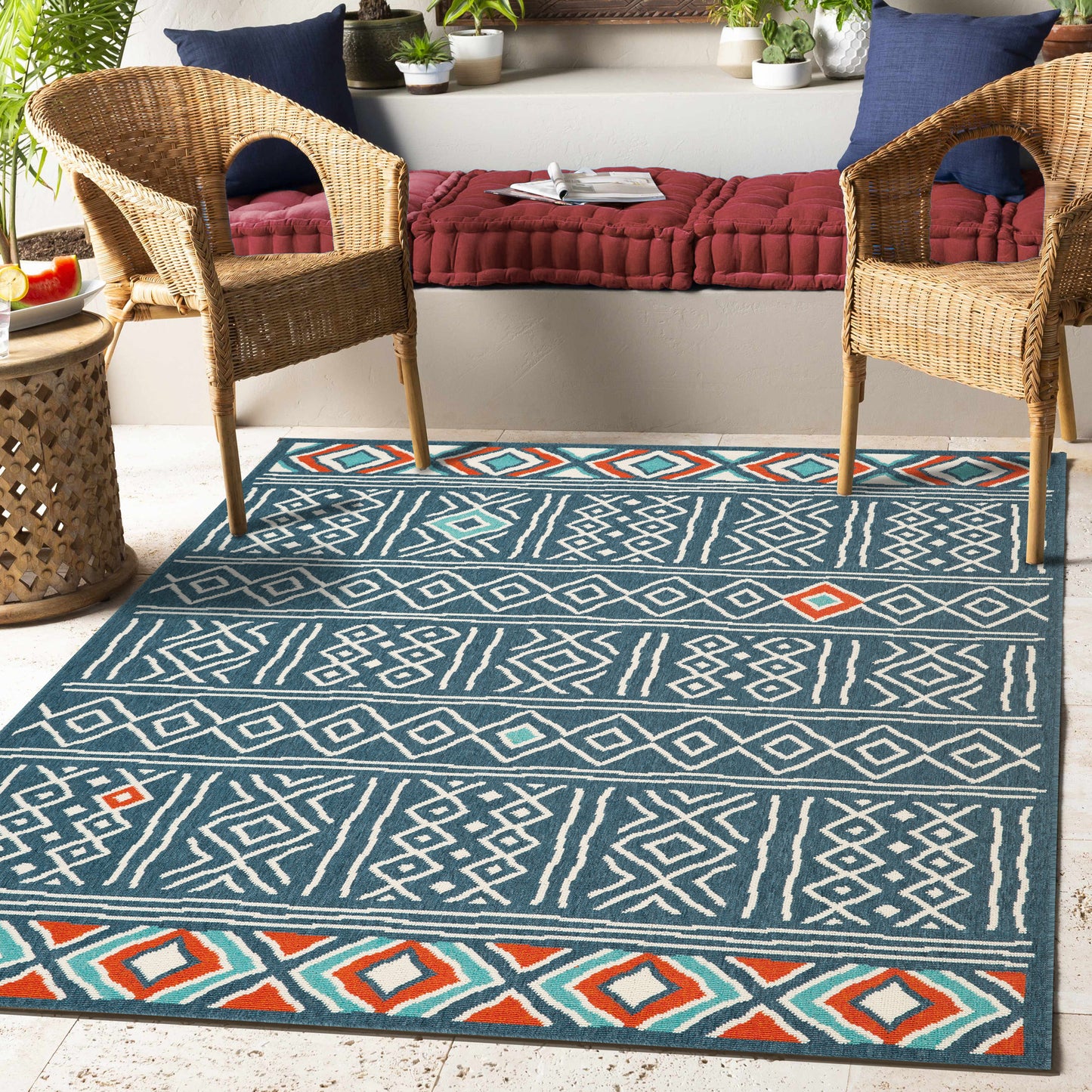 TRIBU-82498 Southwestern Machine Made Ivory/Navy Polypropylene Indoor/Outdoor Area Rugs - LR Home