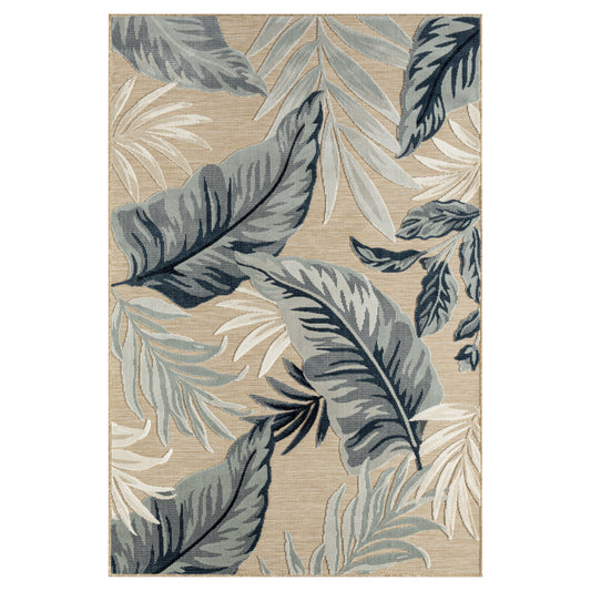 Botanical Hi-Low Contemporary Blue Beige Indoor Outdoor Area Rug - Silo view