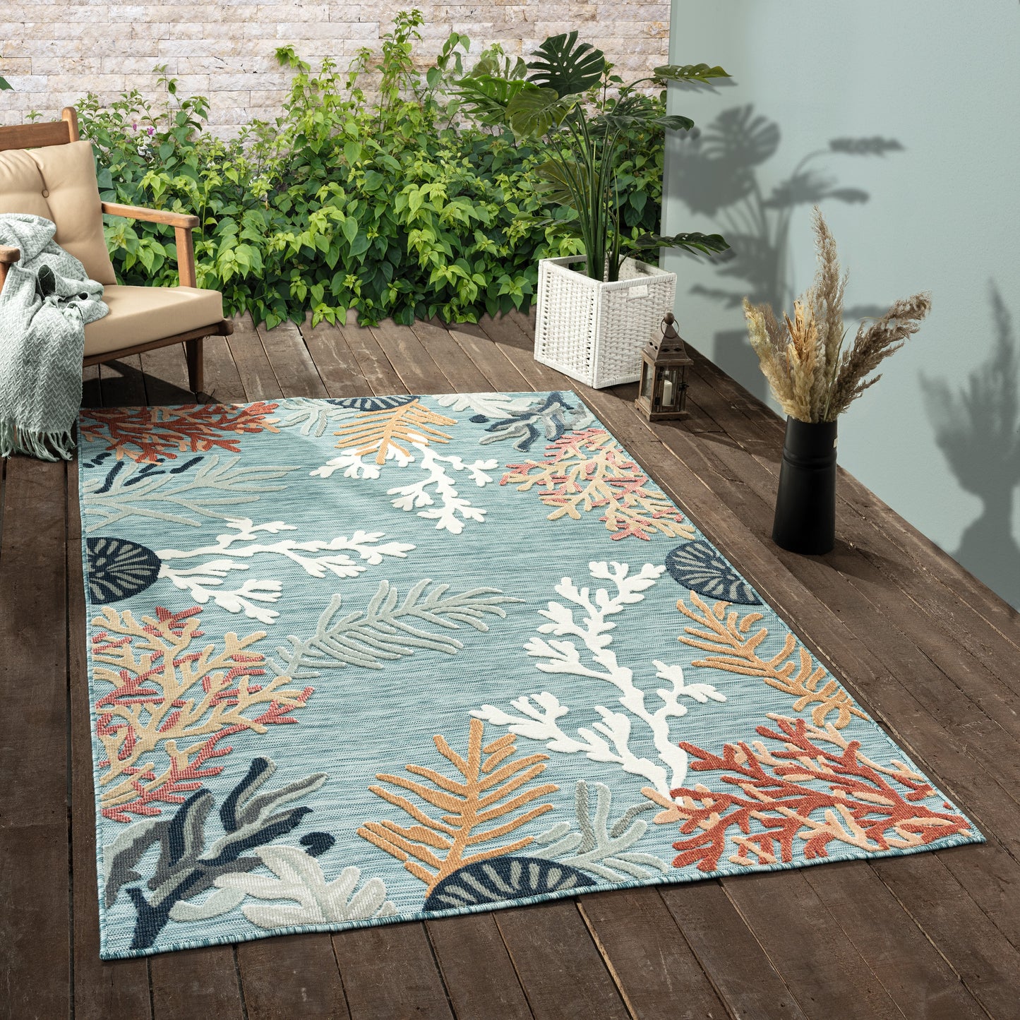 Veranda-82103 Coastal Power-Loomed AquaBlue/Multi Polypropylene Indoor/Outdoor Area Rug - LR Home