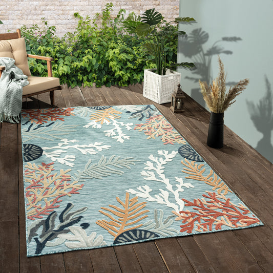 Veranda-82103 Coastal Power-Loomed AquaBlue/Multi Polypropylene Indoor/Outdoor Area Rug - LR Home