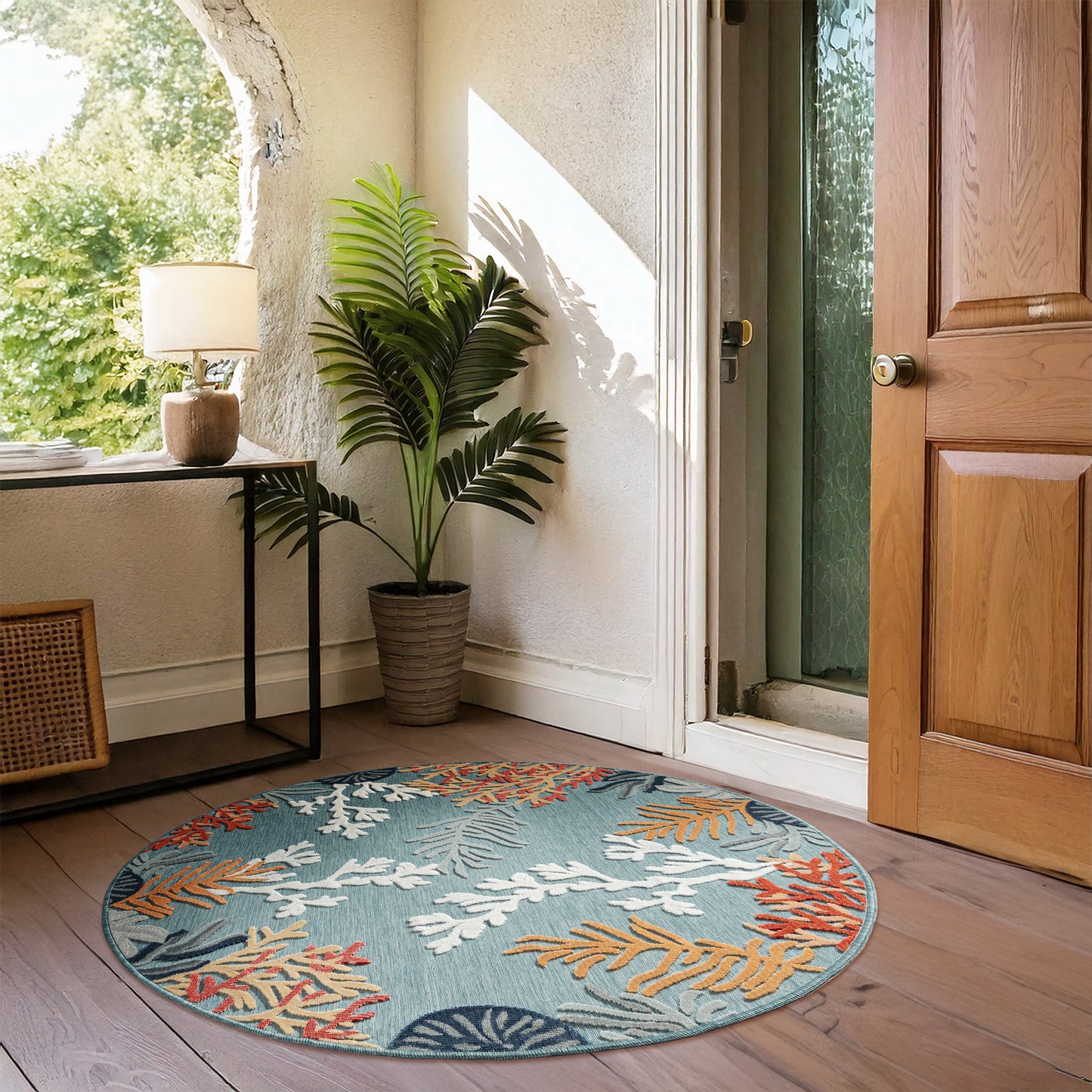 Veranda-82103 Coastal Power-Loomed AquaBlue/Multi Polypropylene Indoor/Outdoor Area Rug - LR Home