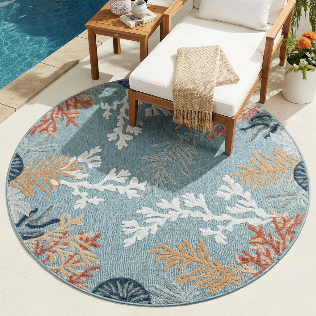 Veranda-82103 Coastal Power-Loomed AquaBlue/Multi Polypropylene Indoor/Outdoor Area Rug - LR Home