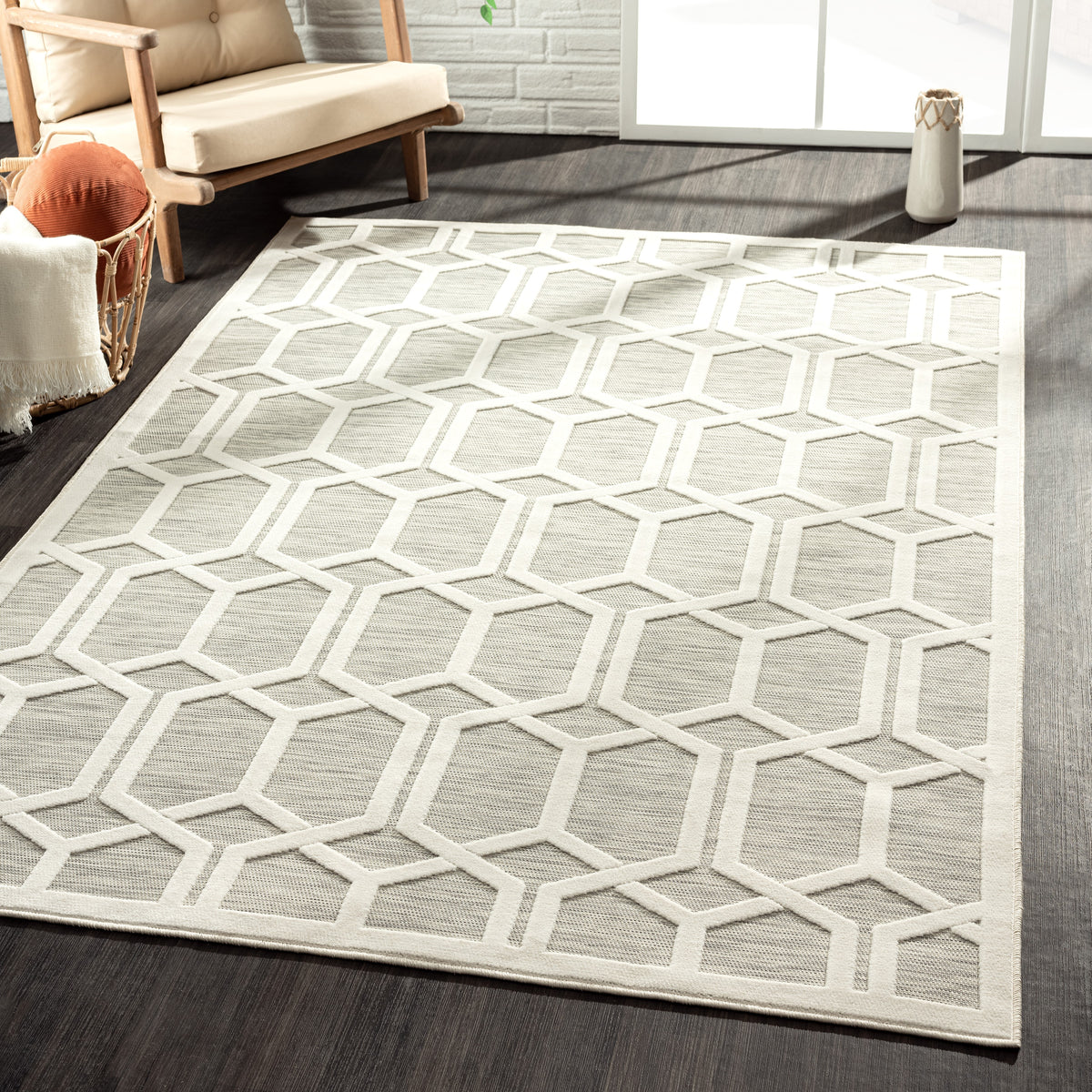 Geometric Hi-Low Modern Gray Indoor Outdoor Area Rug - lifestyle view 2