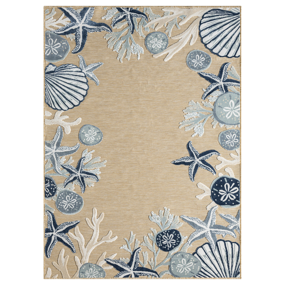 Natural/Blue Coastal Floral/Botanical Performance Indoor/Outdoor Area Rugs - Silo view