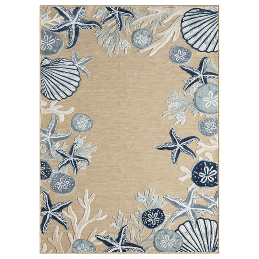 Natural/Blue Coastal Floral/Botanical Performance Indoor/Outdoor Area Rugs - Silo view