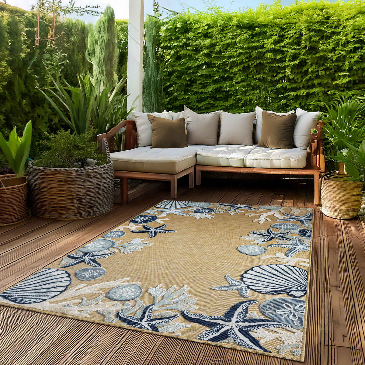Natural/Blue Coastal Floral/Botanical Performance Indoor/Outdoor Area Rugs - lifestyle view