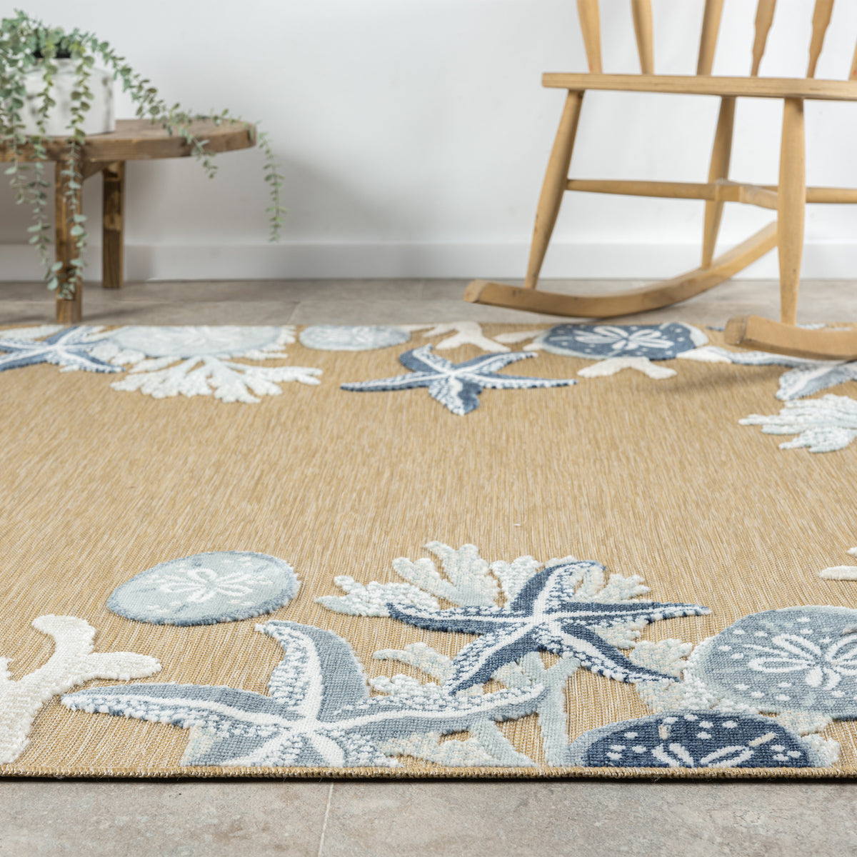 Natural/Blue Coastal Floral/Botanical Performance Indoor/Outdoor Area Rugs - side angle view