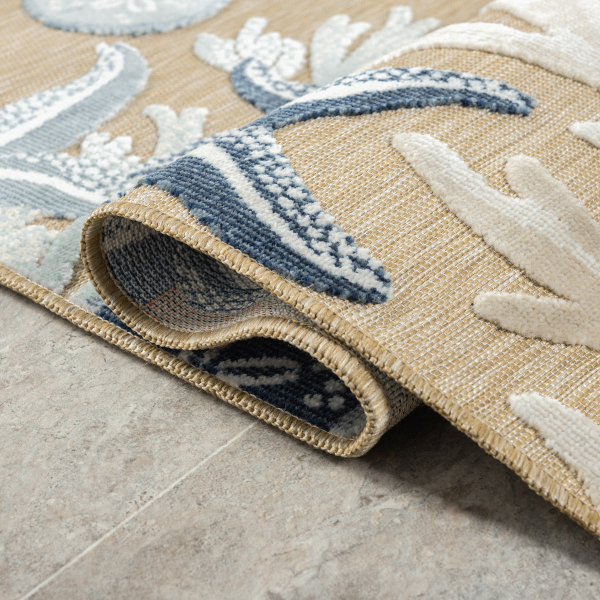 Natural/Blue Coastal Floral/Botanical Performance Indoor/Outdoor Area Rugs - close-up detail