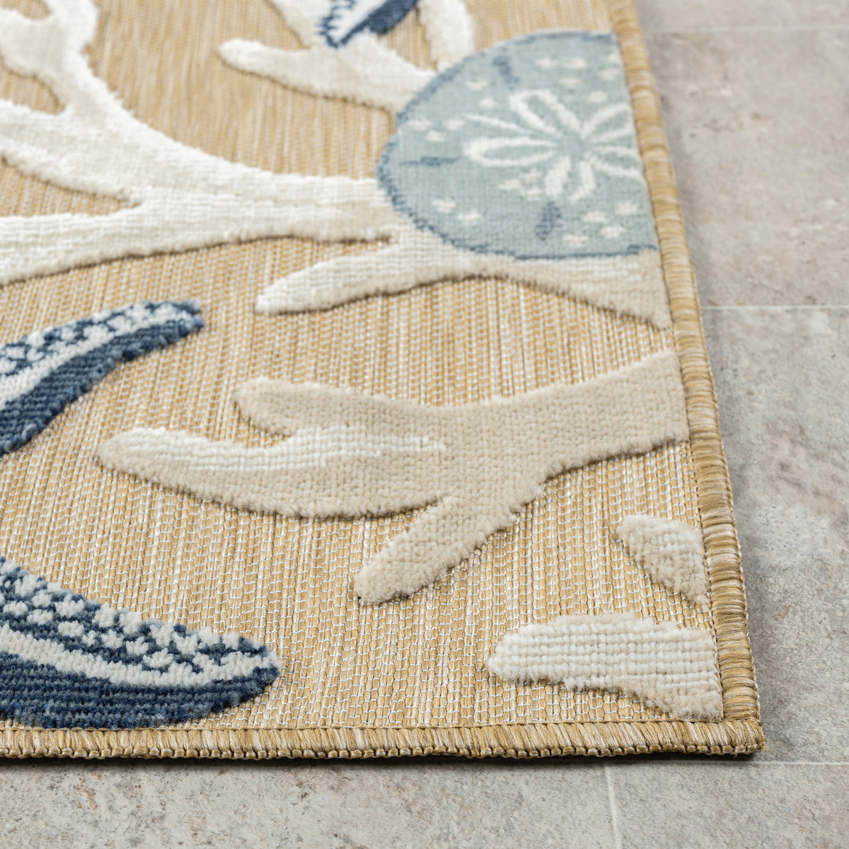 Natural/Blue Coastal Floral/Botanical Performance Indoor/Outdoor Area Rugs - corner view