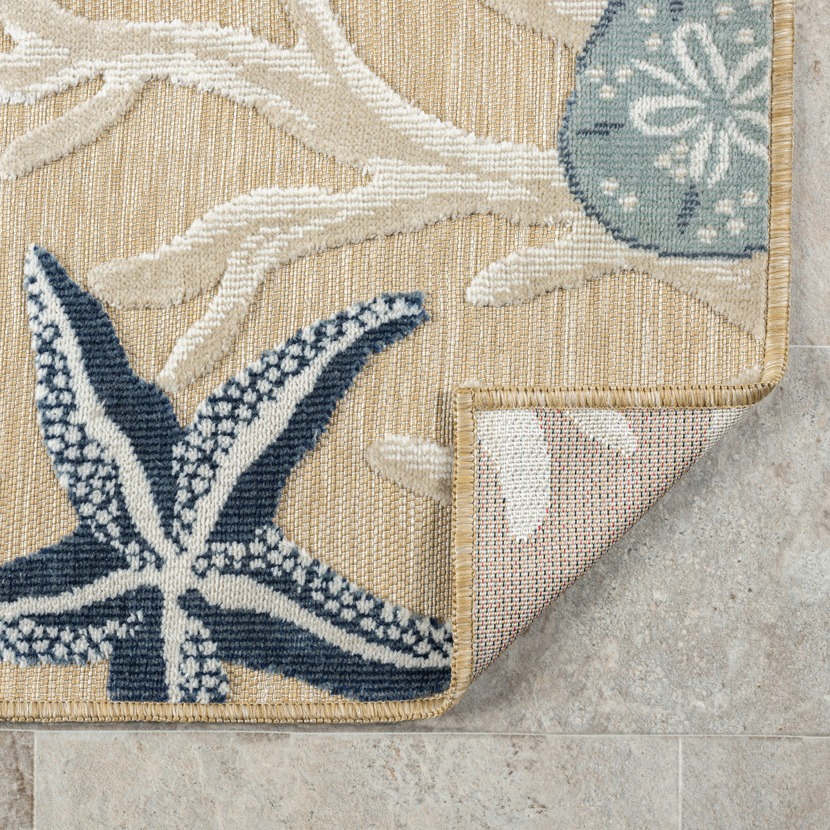 Natural/Blue Coastal Floral/Botanical Performance Indoor/Outdoor Area Rugs - back view