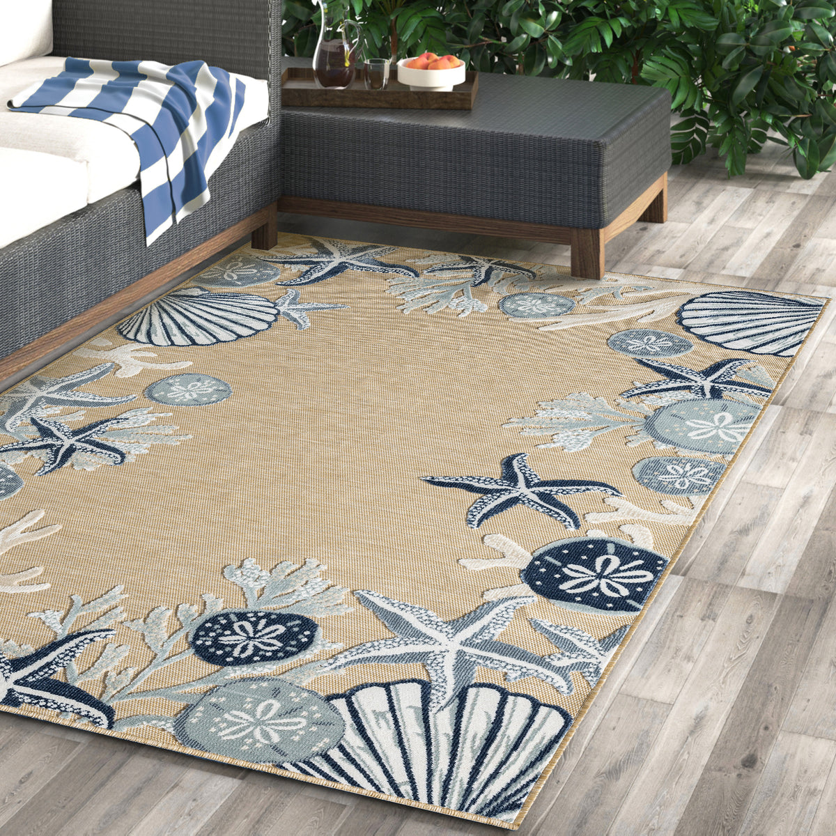 Natural/Blue Coastal Floral/Botanical Performance Indoor/Outdoor Area Rugs - lifestyle view 3