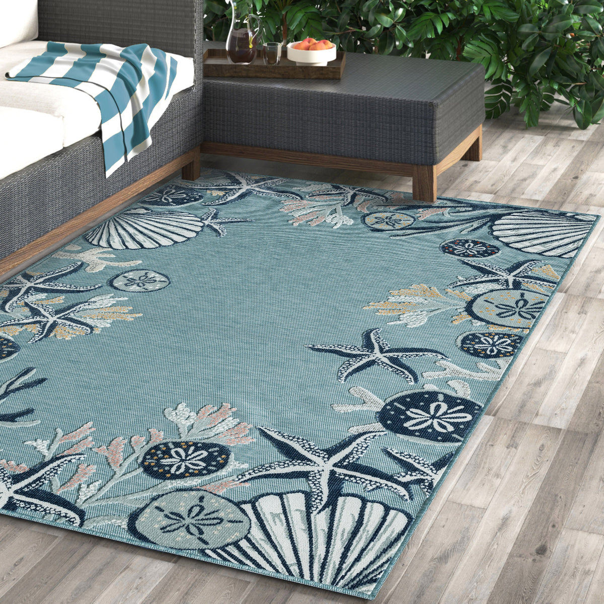 Aqua/Blue Coastal Floral/Botanical Performance Indoor/Outdoor Area Rugs - lifestyle view