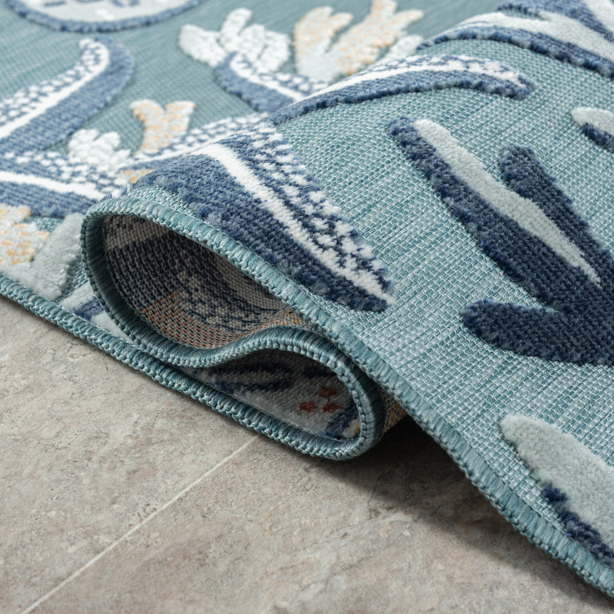 Aqua/Blue Coastal Floral/Botanical Performance Indoor/Outdoor Area Rugs - close-up detail