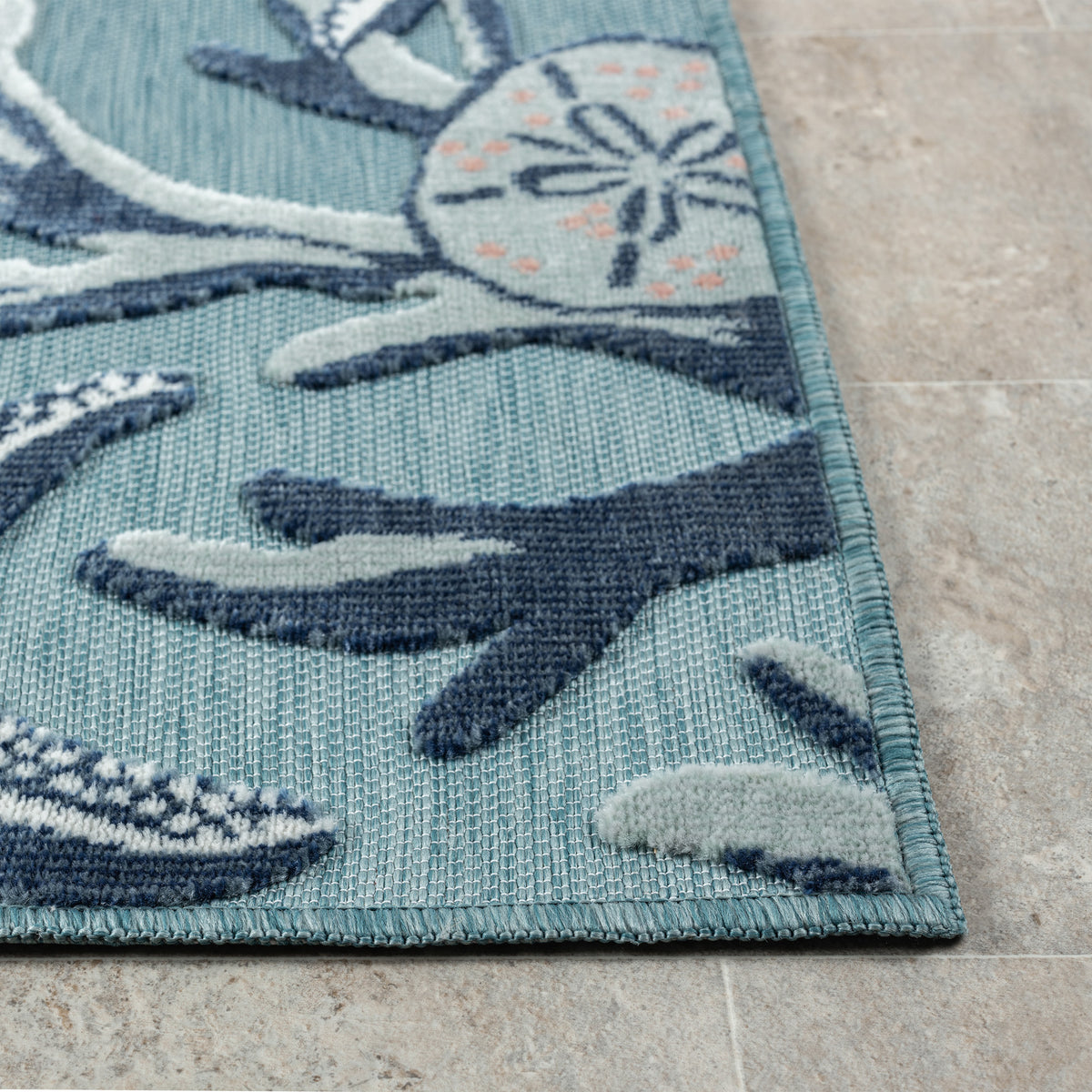 Aqua/Blue Coastal Floral/Botanical Performance Indoor/Outdoor Area Rugs - corner view