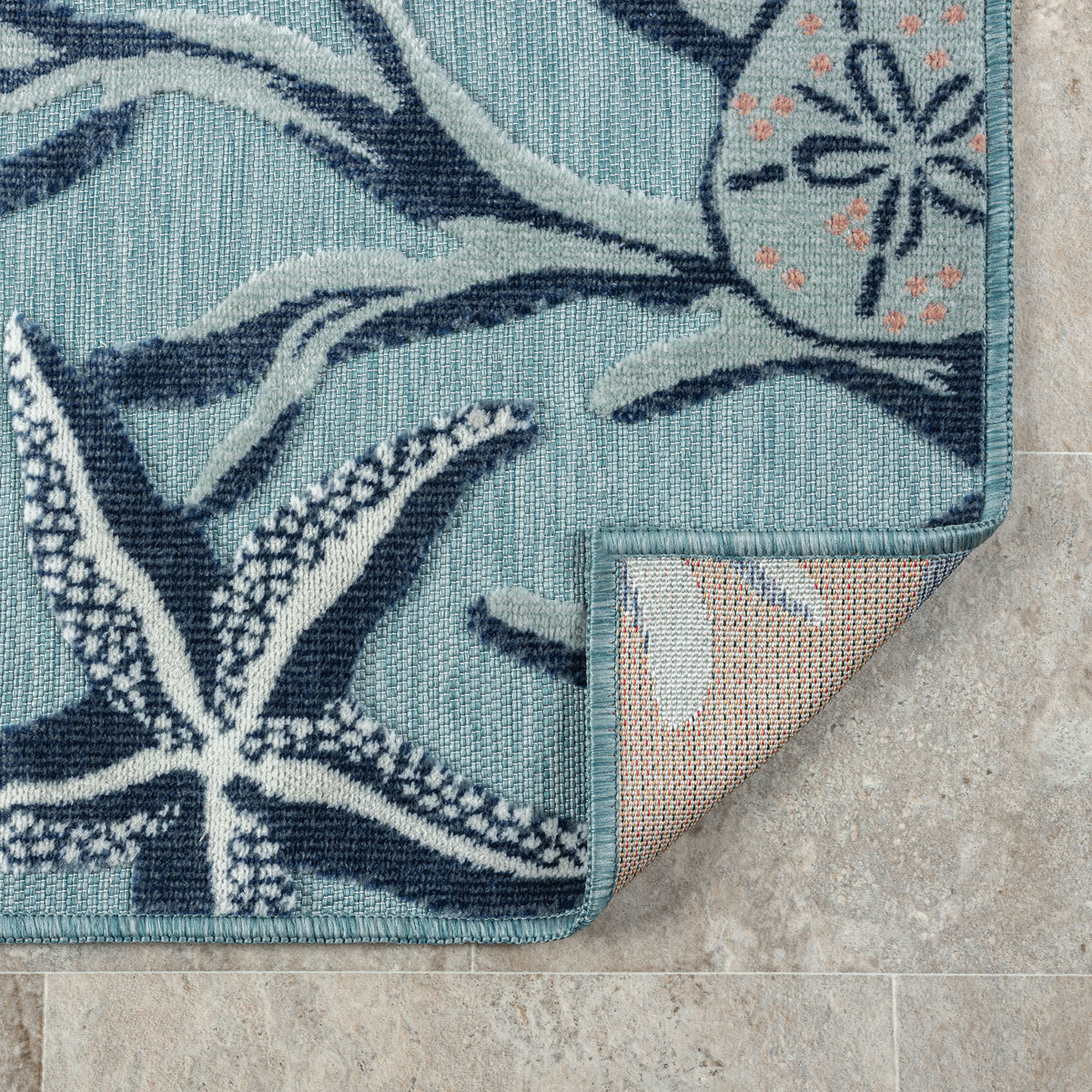 Aqua/Blue Coastal Floral/Botanical Performance Indoor/Outdoor Area Rugs - back view