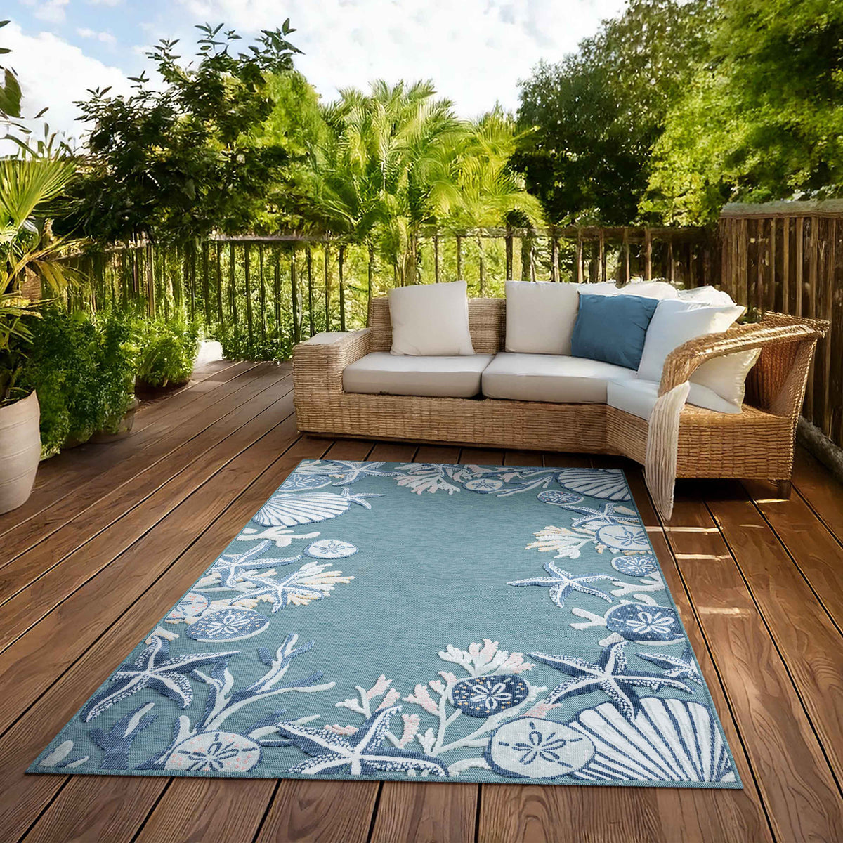 Aqua/Blue Coastal Floral/Botanical Performance Indoor/Outdoor Area Rugs - lifestyle view 3