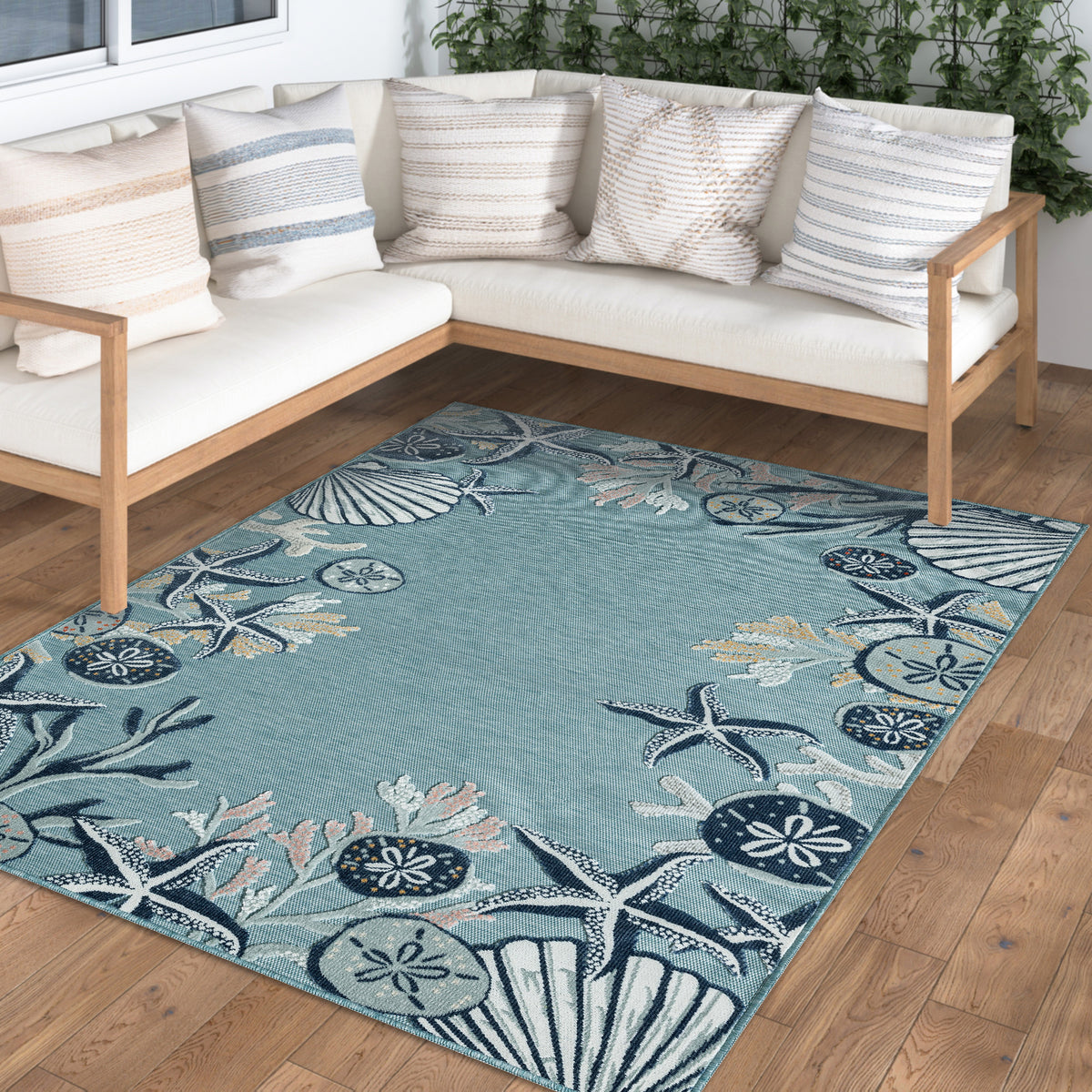 Aqua/Blue Coastal Floral/Botanical Performance Indoor/Outdoor Area Rugs - detail view