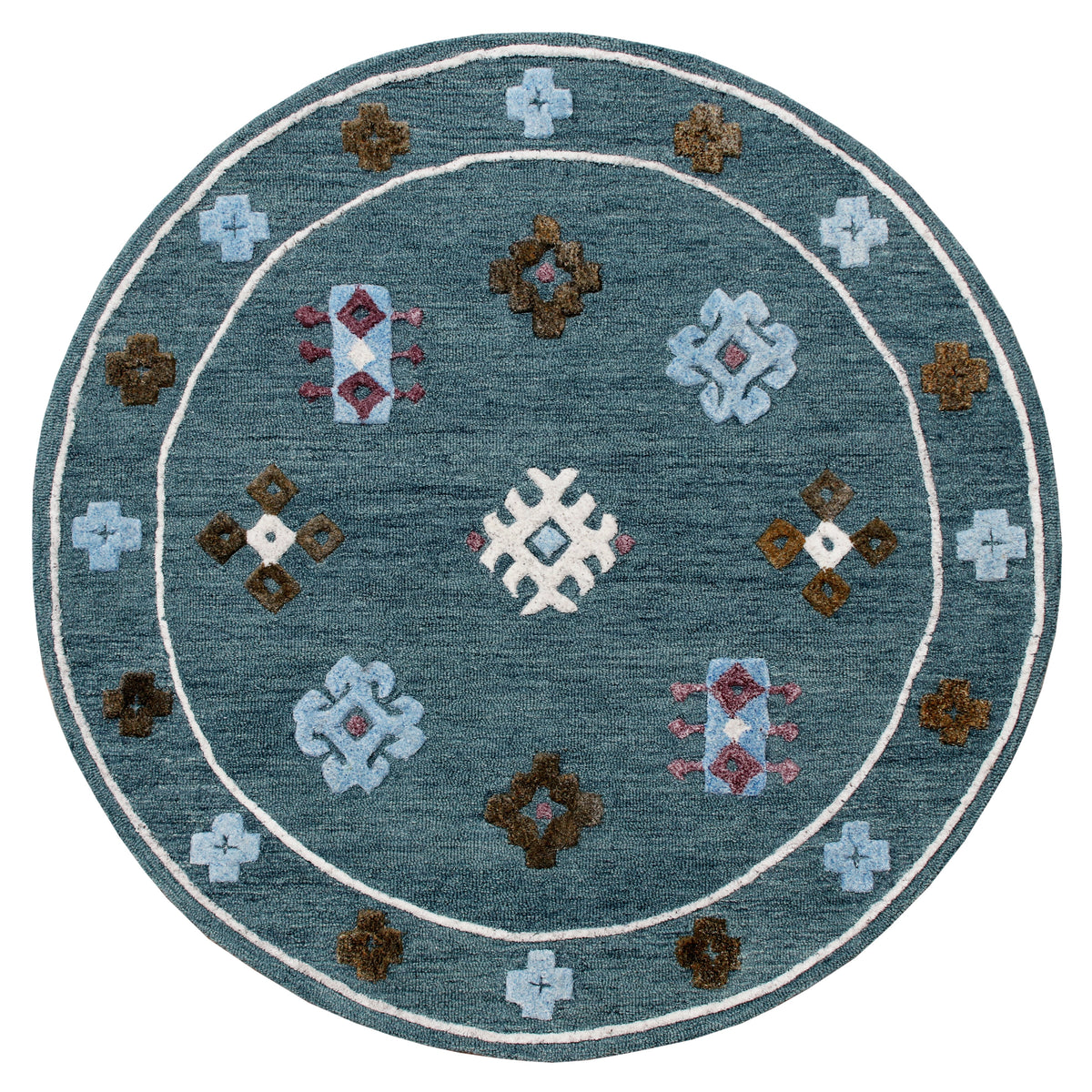 Hand Tufted Blue Bordered Geometric Round Rug - Silo view
