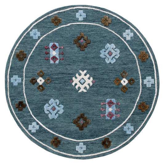 Hand Tufted Blue Bordered Geometric Round Rug - Silo view