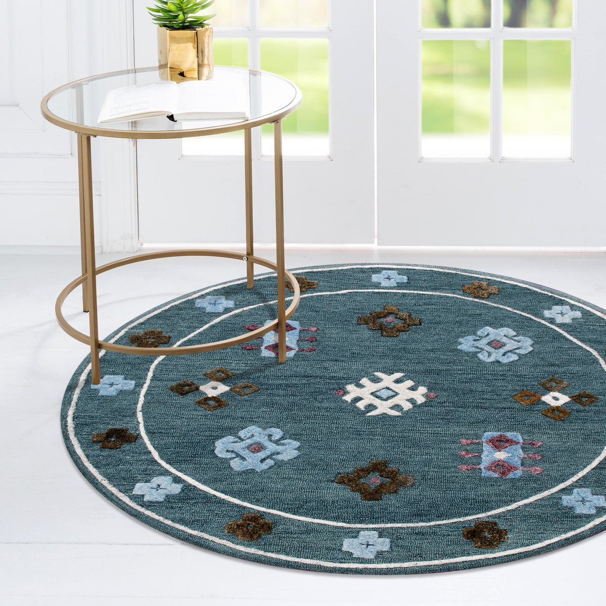 Hand Tufted Blue Bordered Geometric Round Rug - lifestyle view