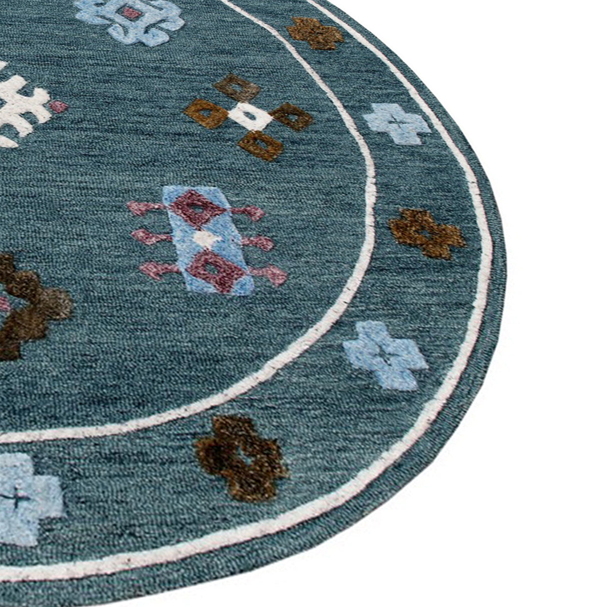 Hand Tufted Blue Bordered Geometric Round Rug - side angle view