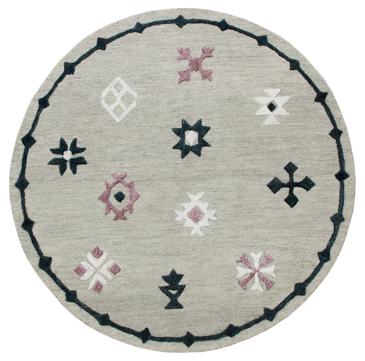 Hand Tufted Gray Geometric Bordered Round Rug - Silo view