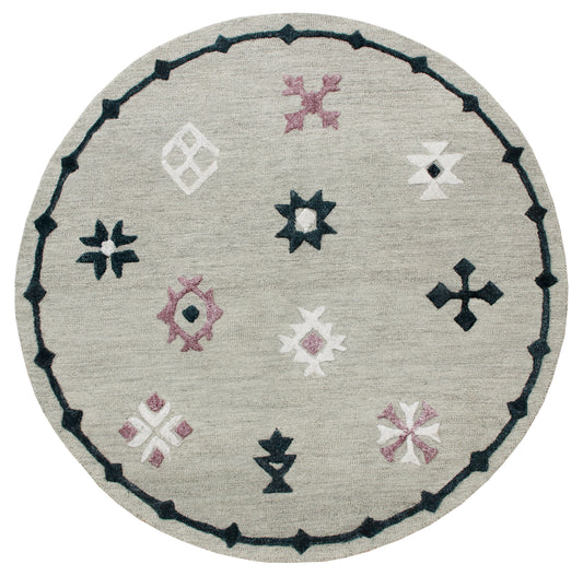 Hand Tufted Gray Geometric Bordered Round Rug - Silo view