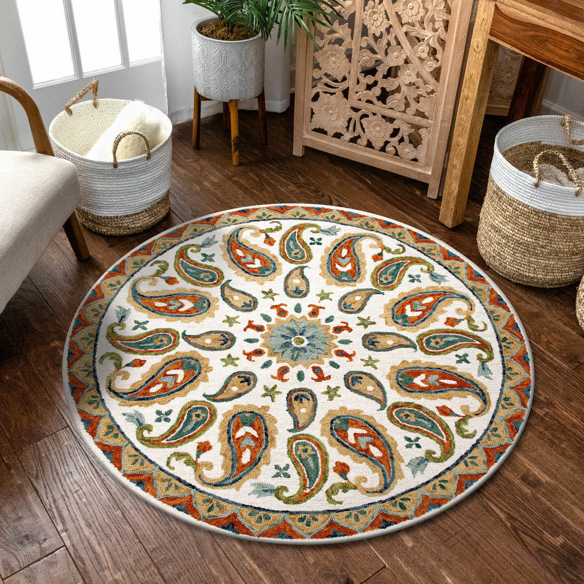 Multicolored Paisley Paradise Medallion Round Rug - lifestyle view