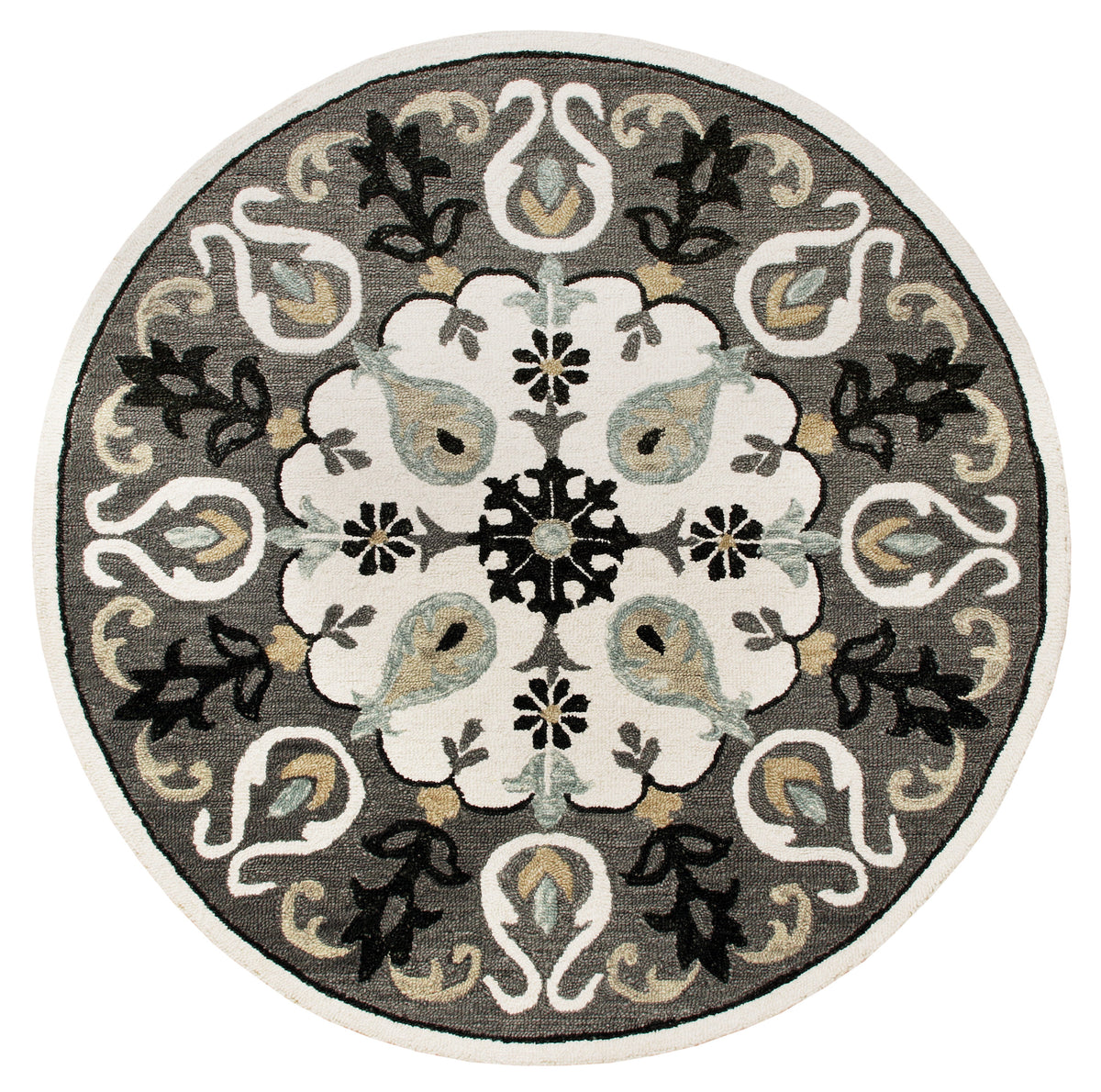 Ornate Gray and White Medallion Round Rug - Silo view