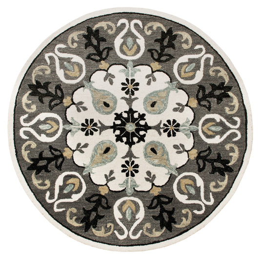 Ornate Gray and White Medallion Round Rug - Silo view