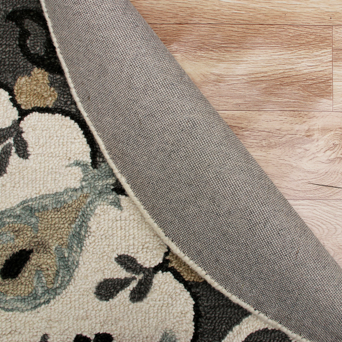 Ornate Gray and White Medallion Round Rug - back view