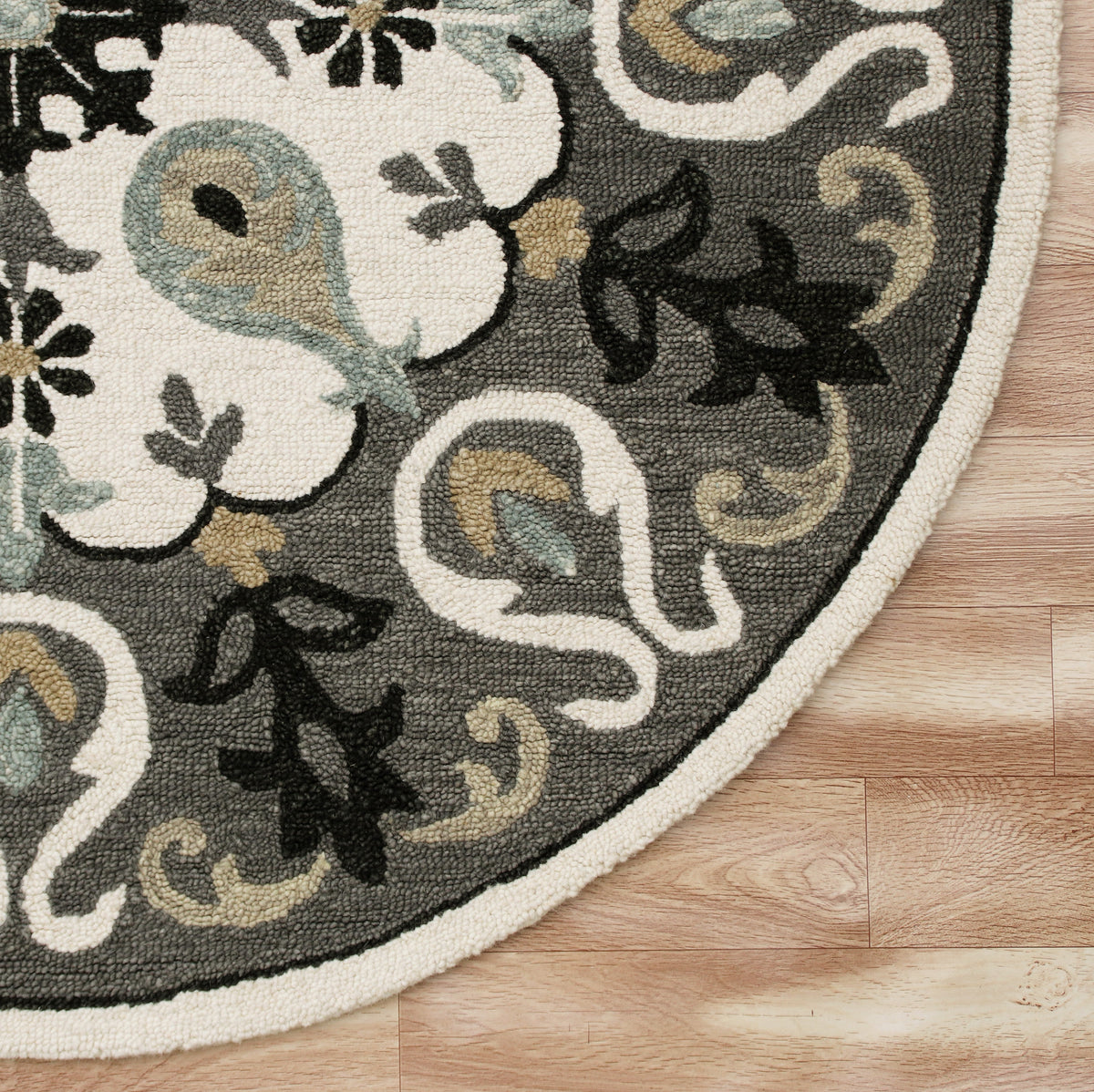 Ornate Gray and White Medallion Round Rug - corner view